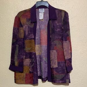 R&M Richards Open Cardigan 8 Purple Red Green 3/4 Sleeve See Through Polyester